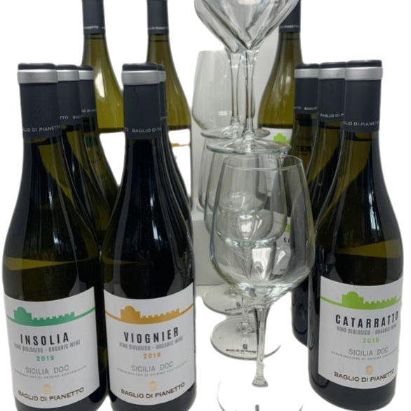 Weinpaket BIO WEISS: 12Fl. Weissweine 2022 von Baglio di Pianetto aus Sizilien + 6 Gläser für Weißwein "Baglio di Pianetto" gratis dazu
