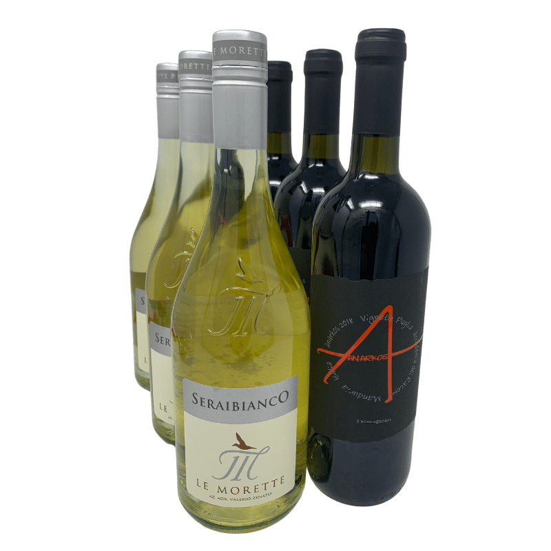Weinpaket "mal anders": 3 Fl.Serai Bianco 2025 I.g.t. Le Morette, Verona + 3 Fl.Anarkos 2021 I.g.p. Felline, Apulien