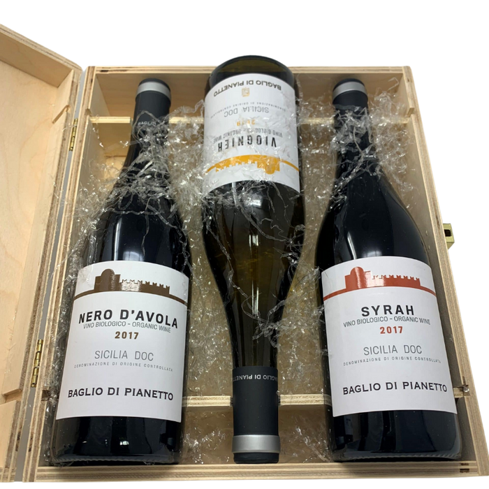 io-Wein-Holzkiste Baglio di Pianetto – Nero d’Avola, Syrah, Viognier (3 × 0,75 L)