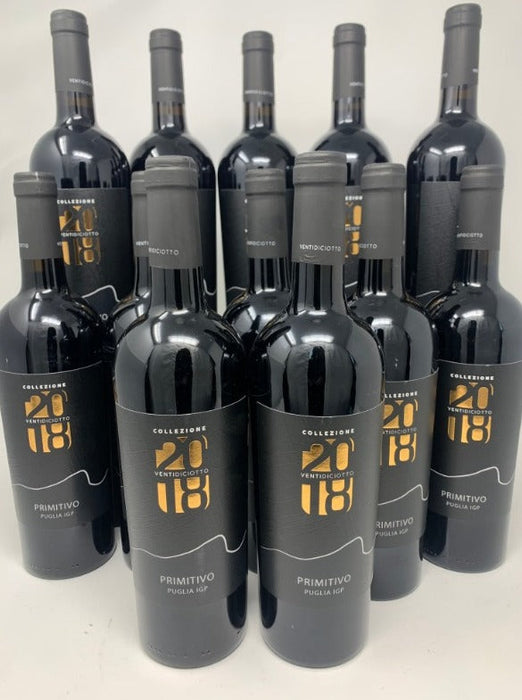 Angebot:10 Fl. 0,75l Primitivo Puglia "Collezione Ventidiciotto"2023 IGP Tenute Orestiadi aus Apulien+ 2 Fl. 0,75l gratis Primitivo Puglia "Collezione Ventidiciotto"