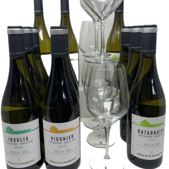 Weinpaket BIO WEISS: 12Fl. Weissweine 2022 von Baglio di Pianetto aus Sizilien + 6 Gläser  für Weißwein "Baglio di Pianetto" gratis dazu