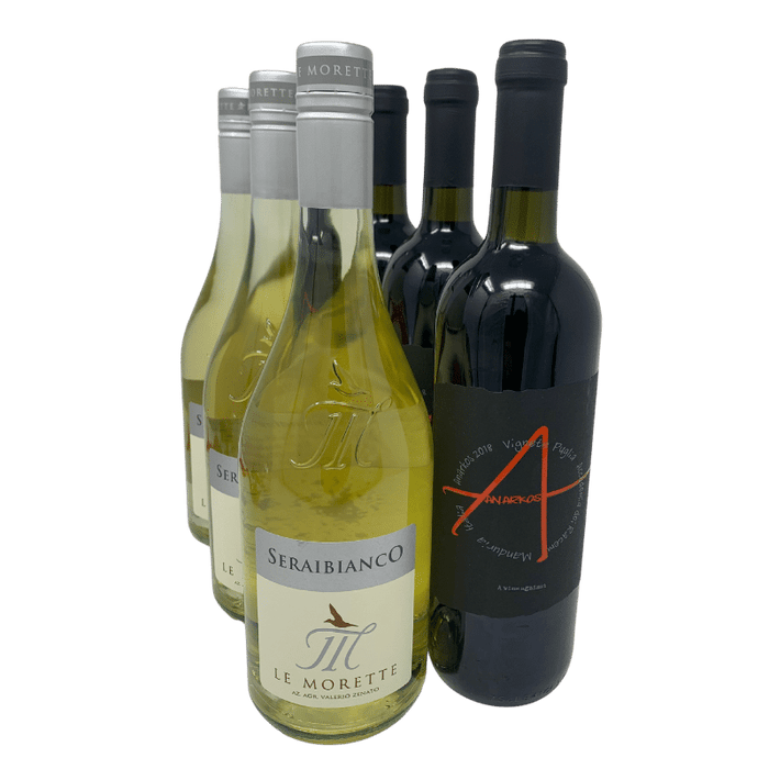 Weinpaket "mal anders": 3 Fl.Serai Bianco 2022 I.g.t. Le Morette, Verona + 3 Fl.Anarkos 2018 I.g.p. Felline, Apulien